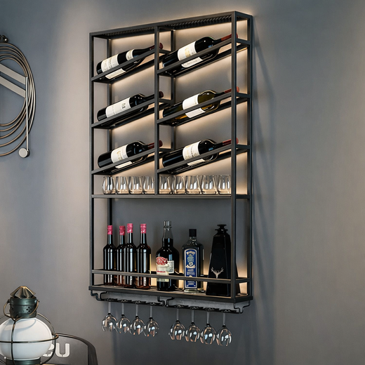 Modern Industrial Wall-Mounted Wine Rack & Bar Shelf (Black Metal) - metal furniture for modern Indian home - view 1 | Kraft Vision