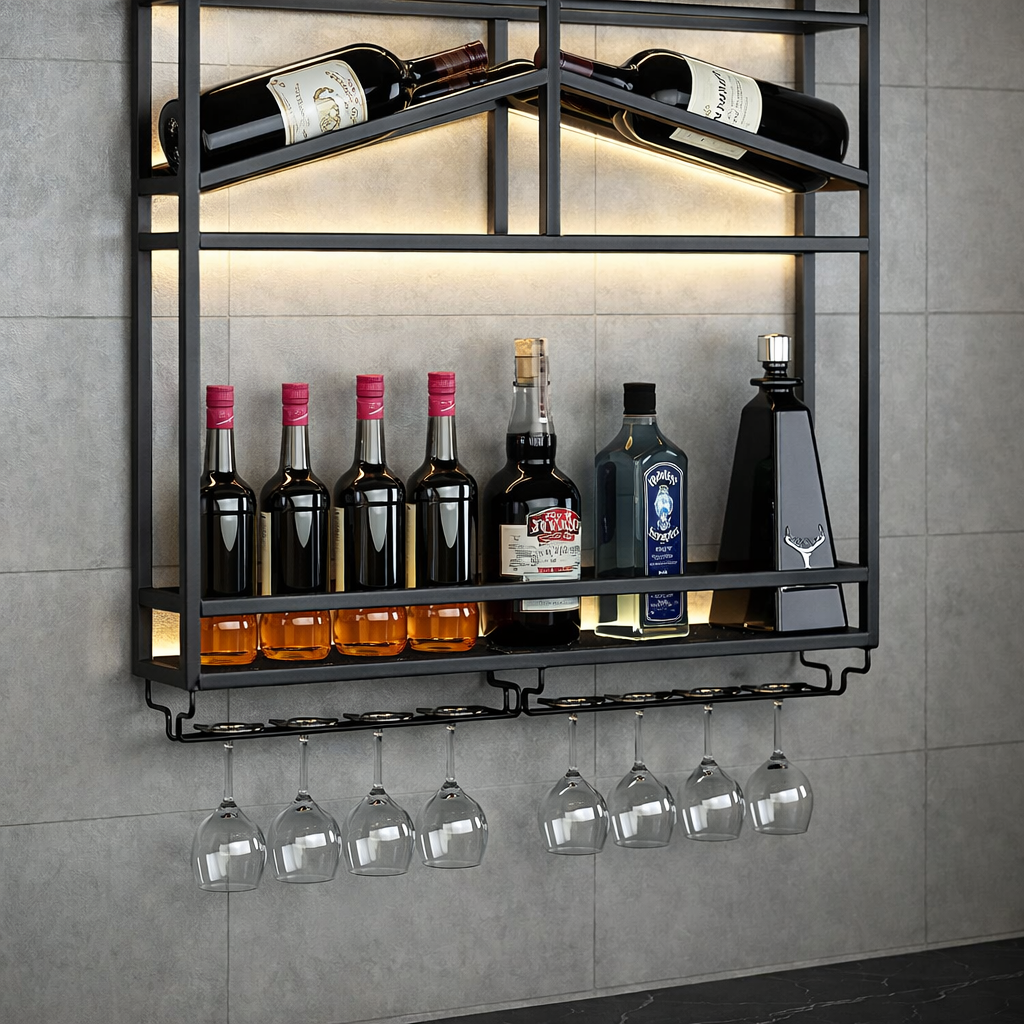Modern Industrial Wall-Mounted Wine Rack & Bar Shelf (Black Metal)