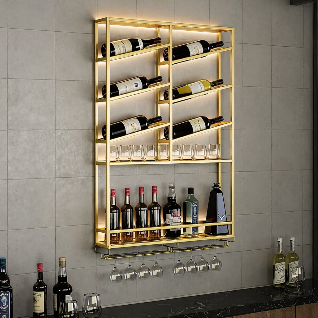 Modern Gold Geometric Wall-Mounted Wine Rack & Storage Shelf