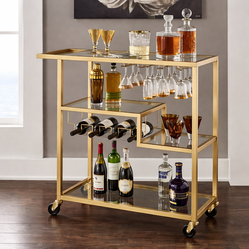 Contemporary Gold Bar Trolley with Glass Shelves & Wine Storage - gold-finished metal bar Trolley for living room bar | Kraft Vision