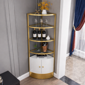 Elegant Gold Corner Display Cabinet with Open Shelving & Storage Base - gold-finished metal furniture for modern Indian home - view 2 | Kraft Vision