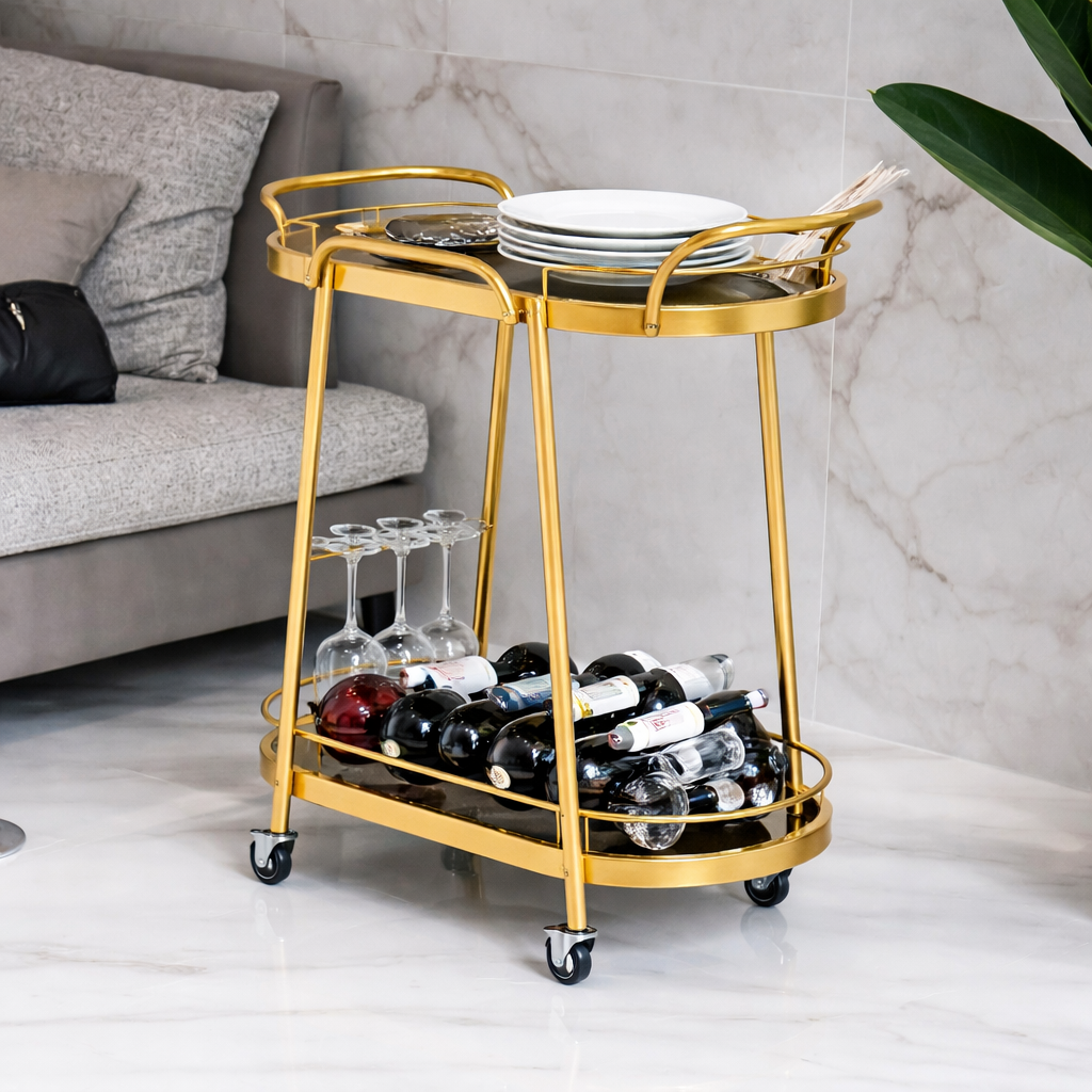 Minimalist Gold Serving Cart with Dual-Tier Glass Shelves