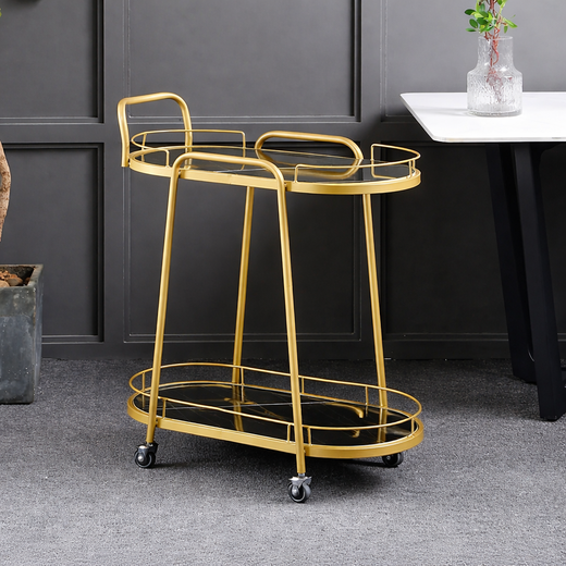Minimalist Gold Serving Cart with Dual-Tier Glass Shelves - gold-finished metal furniture for modern Indian home - view 1 | Kraft Vision
