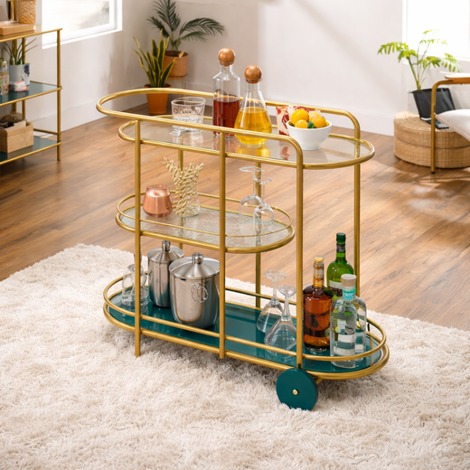 Elite Gold Oval Bar Cart with Triple Tier Display & Rolling Wheels - gold-finished metal furniture for modern Indian home - view 1 | Kraft Vision