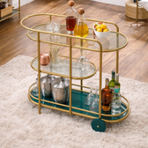 Elite Gold Oval Bar Cart with Triple Tier Display & Rolling Wheels - gold-finished metal furniture for modern Indian home - view 2 | Kraft Vision