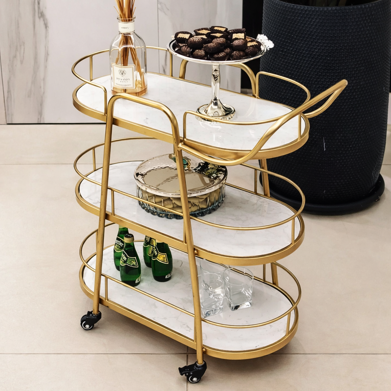 Modern Gold 3-Tier Marble Bar Cart with Rolling Casters - marble bar Trolley for living room bar - view 1 | Kraft Vision