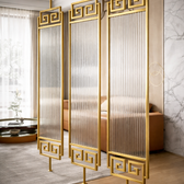 Luxury Golden Frame Geometric Room Divider with Ribbed Glass & Mirror Accents - gold-finished metal Room Divider for entryway or bedroom - view 2 | Kraft Vision