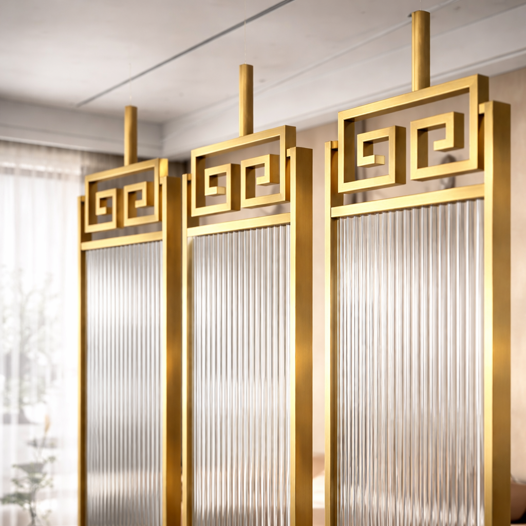 Luxury Golden Frame Geometric Room Divider with Ribbed Glass & Mirror Accents