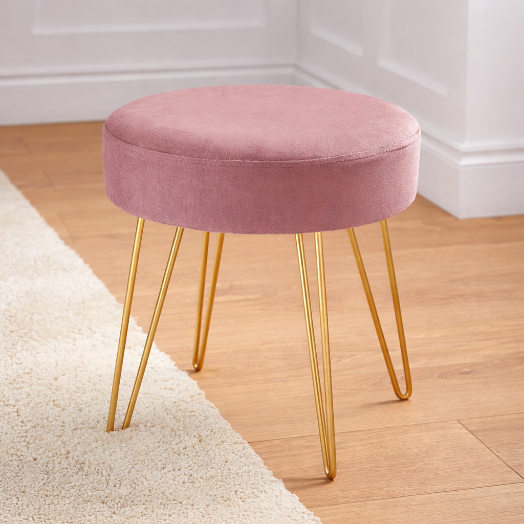 Chic Pink Velvet Stool with Gold Legs