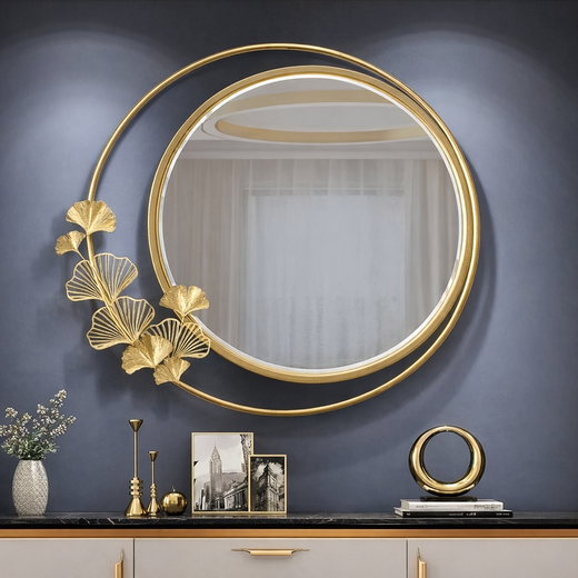 Elegant Gold Framed Circular Mirror with Ginkgo Leaf Design - gold-finished metal furniture for entryway or bedroom - view 1 | Kraft Vision