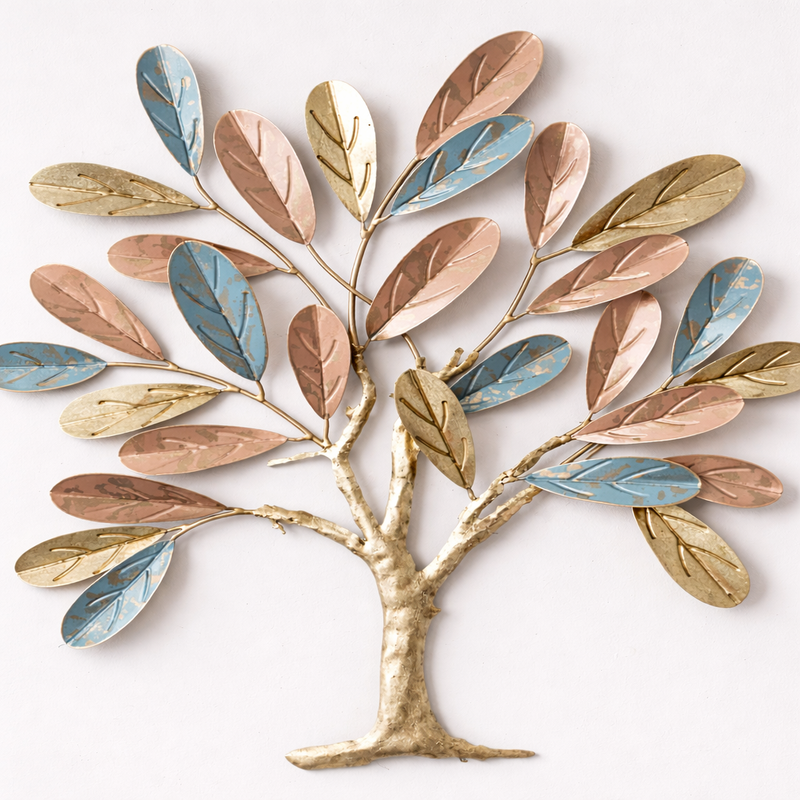 Elegant Tree Metal Wall Art – Gold, Copper & Blue Leaf Design - gold-finished metal wall art for living room wall - view 1 | Kraft Vision