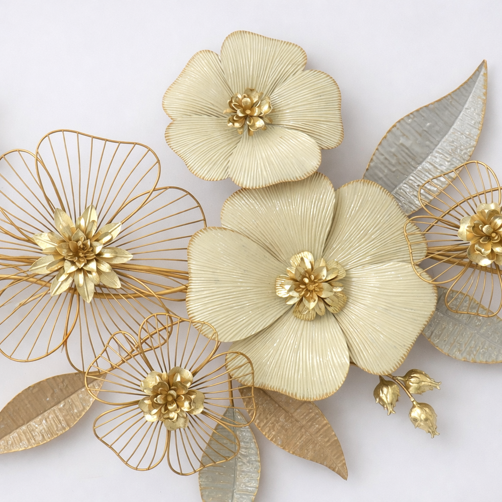 Floral and Leaf Metal Wall Art – Cream & Gold Decorative Design - gold-finished metal wall art for living room wall - view 1 | Kraft Vision
