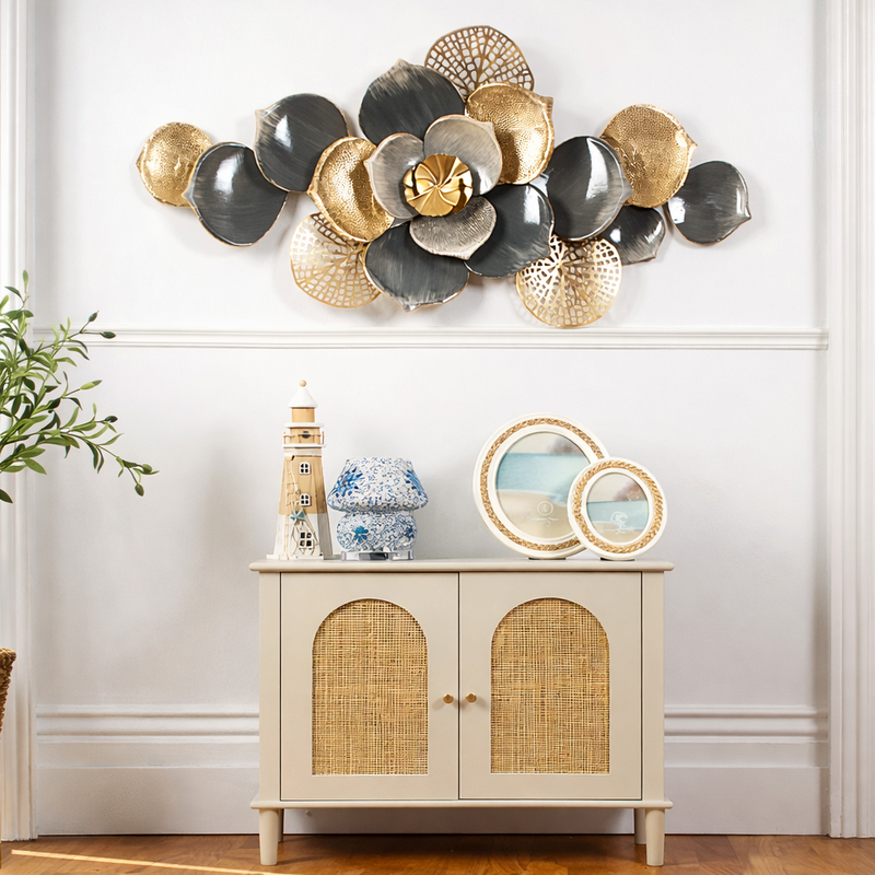 Floral Spray Metal Wall Art – Grey & Gold Finish - gold-finished metal wall art for living room wall - view 1 | Kraft Vision