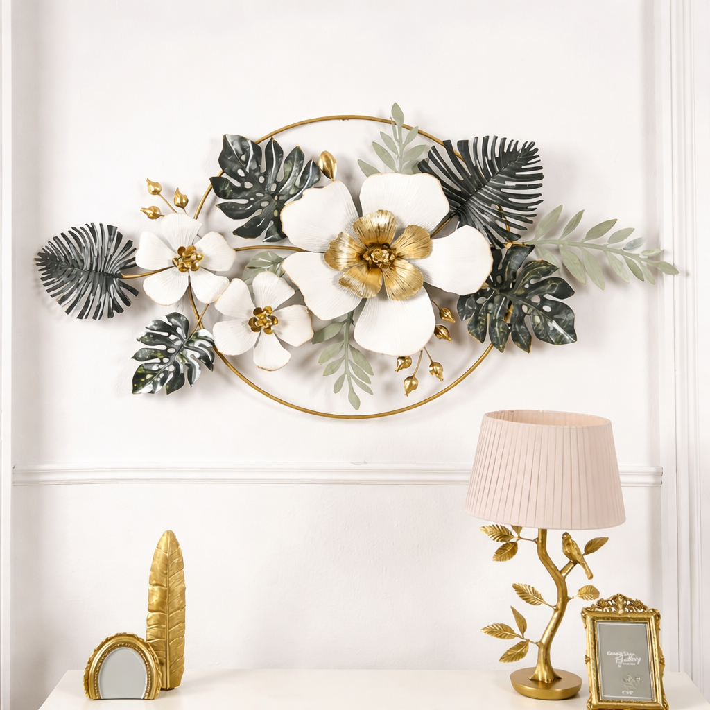 Luxury Floral Metal Wall Art – White & Gold Flowers with Tropical Leaves