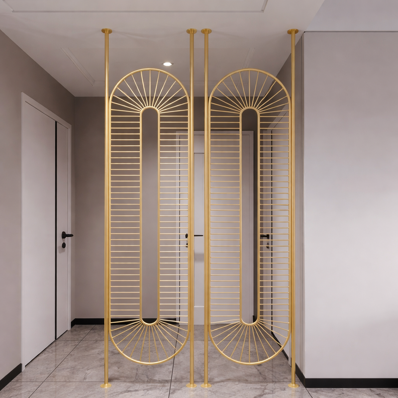 Modern Gold Geometric Partition – Radiating Oval Design - gold-finished metal Room Divider for living room - view 1 | Kraft Vision