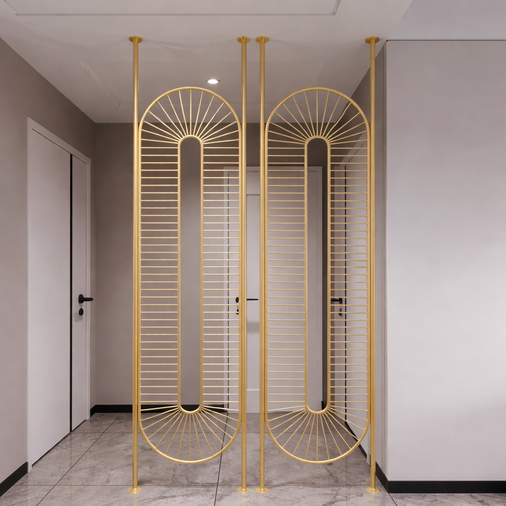 Modern Gold Geometric Partition – Radiating Oval Design - gold-finished metal Room Divider for living room - view 1 | Kraft Vision