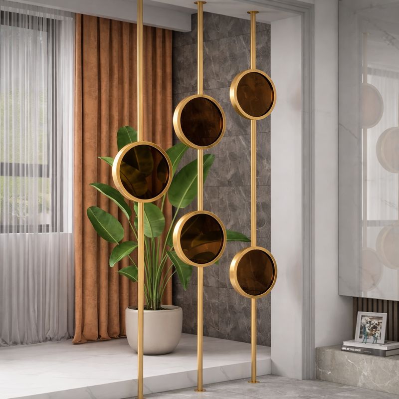 Luxury Gold Frame Circular Mirror Partition – Art Deco Style - gold-finished metal Room Divider for entryway or bedroom - view 1 | Kraft Vision