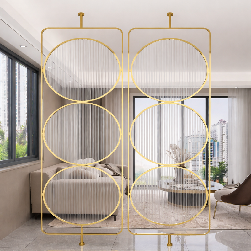 Luxury Golden Geometric Circle Glass Room Divider - gold-finished metal Room Divider for living room - view 1 | Kraft Vision