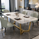 Luxury Marble Dining Table with Gold Stainless Steel Base & Upholstered Chairs - marble dining table for dining room - view 1 | Kraft Vision