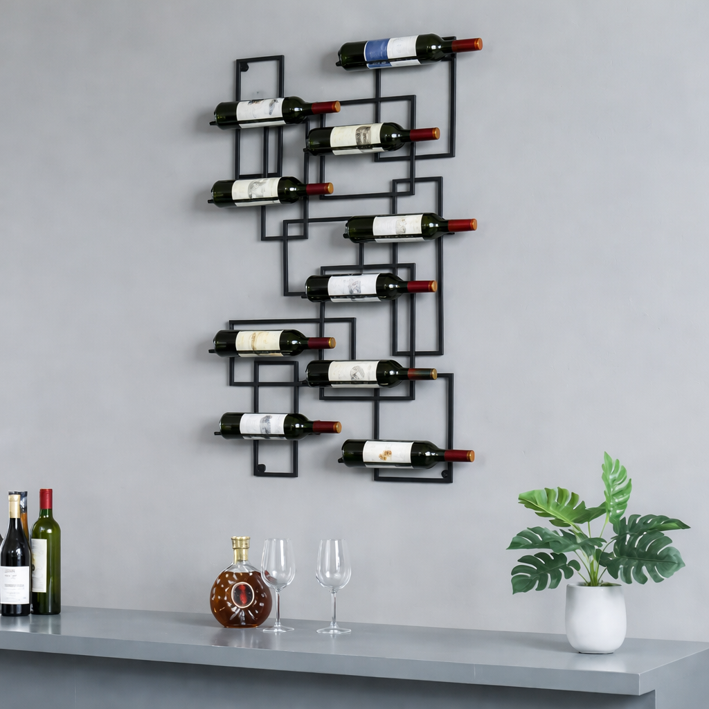 Geometric Wall Wine Holder – Modern Black Metal Bottle Display Rack