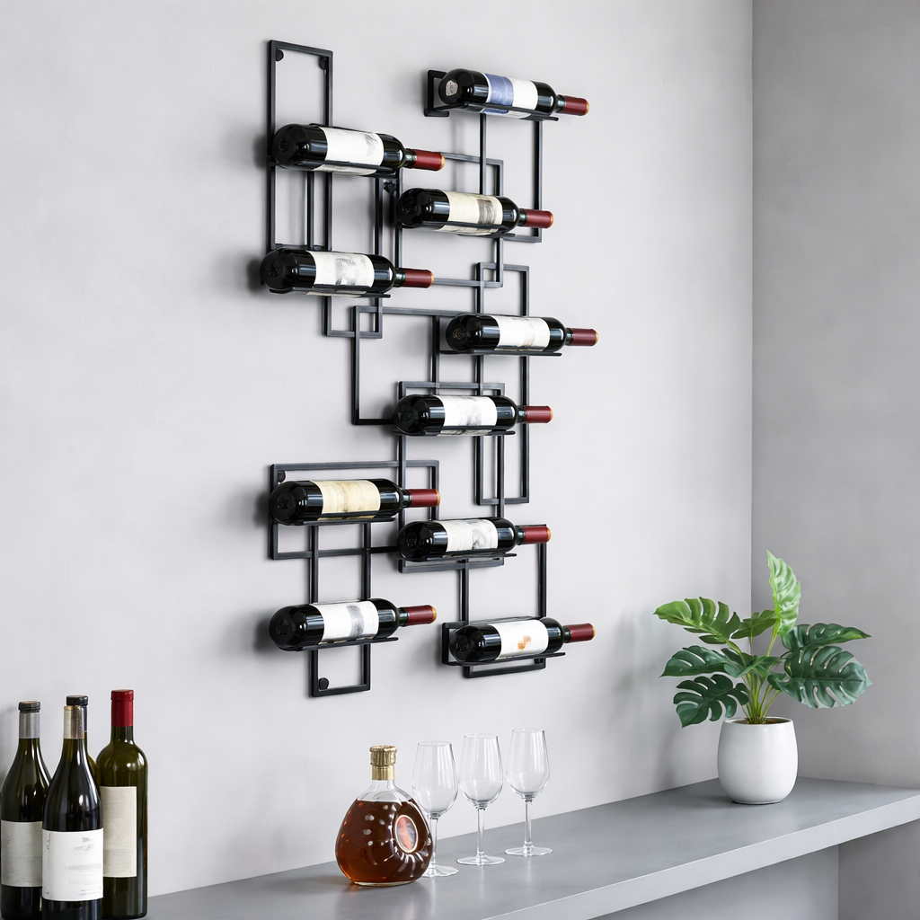 Geometric Wall Wine Holder – Modern Black Metal Bottle Display Rack - metal furniture for modern Indian home - view 2 | Kraft Vision