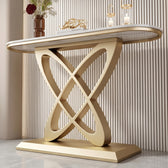 Luxury Gold Console Table with White Marble-Look Top and Sculptural Interlocking X-Shape Base – Modern Designer Entryway Table for Living Room, Hallway, Foyer and Luxury Home Decor