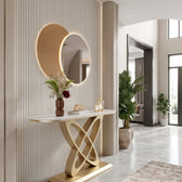 Luxury Gold Console Table with White Marble-Look Top and Sculptural Interlocking X-Shape Base – Modern Designer Entryway Table for Living Room, Hallway, Foyer and Luxury Home Decor
