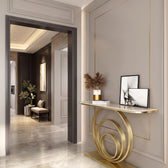 Luxury Gold Circular Console Table with Marble-Look Top and Sculptural Concentric Ring Base – Modern Designer Entryway Table for Living Room, Hallway, Foyer and Luxury Home