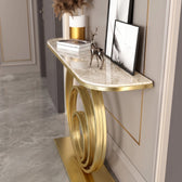 Luxury Gold Circular Console Table with Marble-Look Top and Sculptural Concentric Ring Base – Modern Designer Entryway Table for Living Room, Hallway, Foyer and Luxury Home