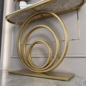 Luxury Gold Circular Console Table with Marble-Look Top and Sculptural Concentric Ring Base – Modern Designer Entryway Table for Living Room, Hallway, Foyer and Luxury Home