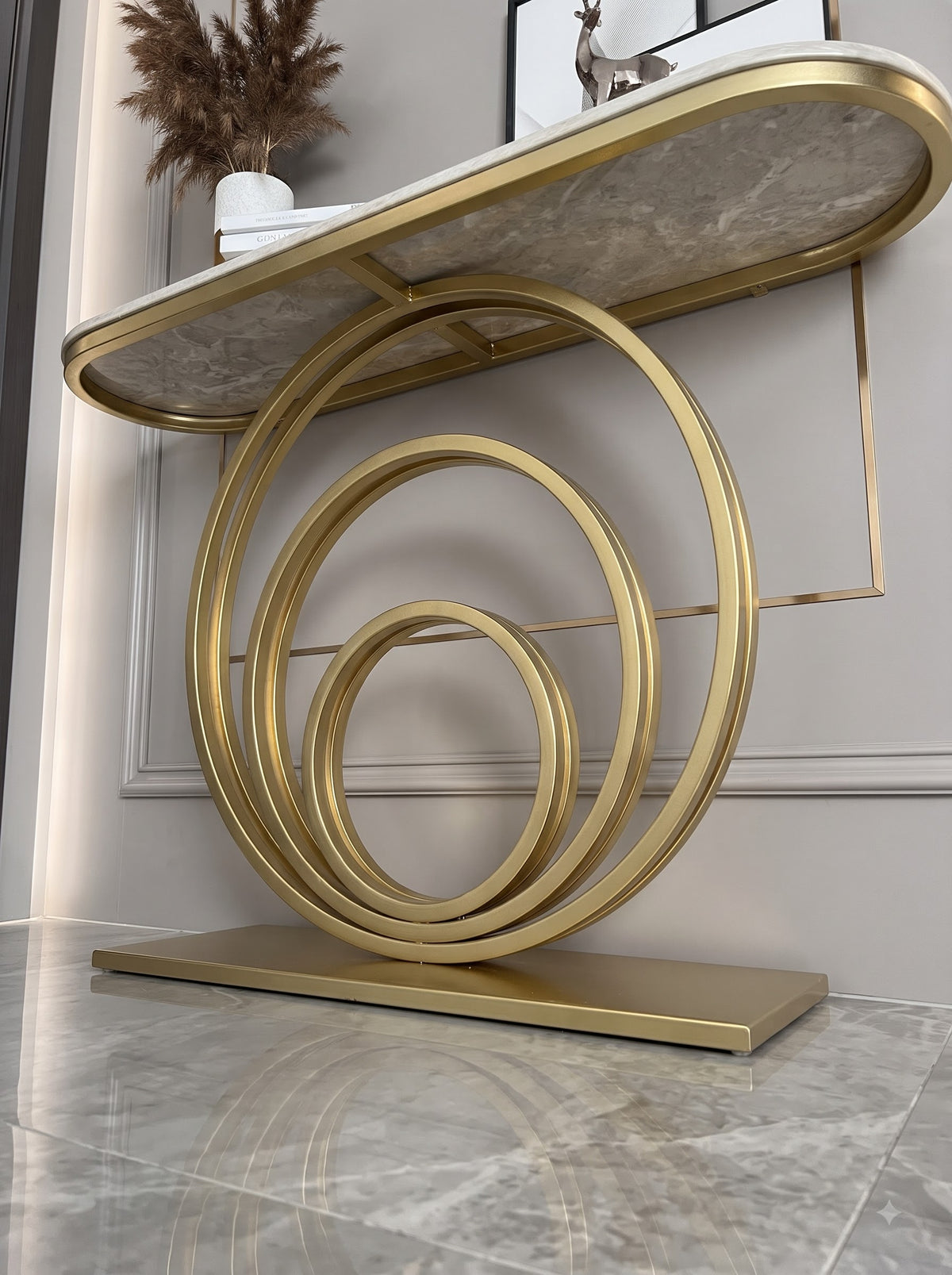 Luxury Gold Circular Console Table with Marble-Look Top and Sculptural Concentric Ring Base – Modern Designer Entryway Table for Living Room, Hallway, Foyer and Luxury Home