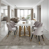 Modern Marble Dining Table Set with Gold Metal Legs and Elegant Upholstered Chairs