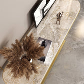 Luxury Gold Circular Console Table with Marble-Look Top and Sculptural Concentric Ring Base – Modern Designer Entryway Table for Living Room, Hallway, Foyer and Luxury Home