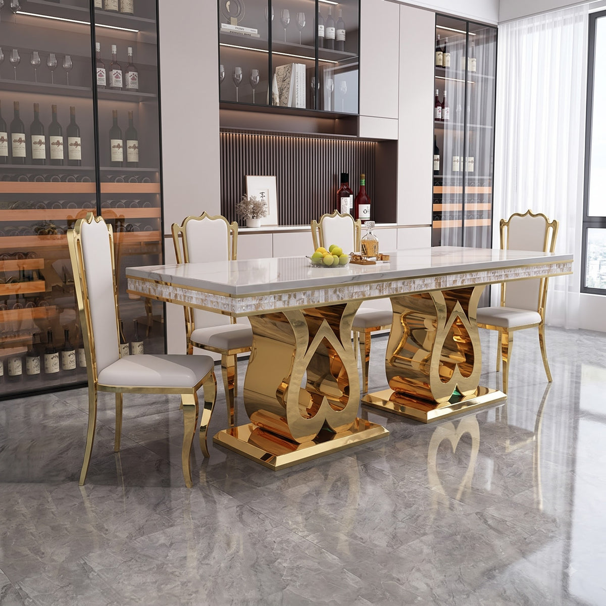 Luxury White Marble Dining Table with Sculptural Gold Metal Base and Matching Chairs
