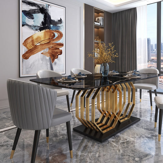 Premium Black Marble Dining Table Set with Geometric Gold Base and Modern Grey Chairs