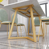 Luxury White Marble Dining Table with Gold Geometric Legs and Sage Green Chairs