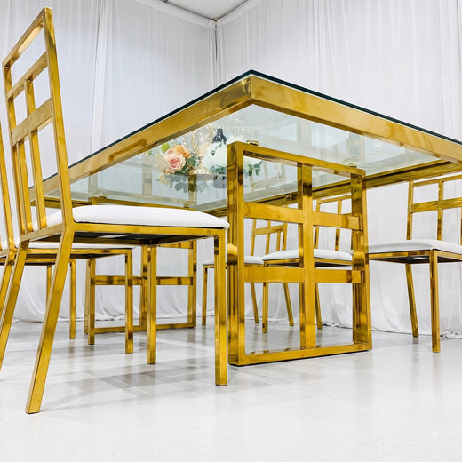 Luxury Gold Metal Dining Table Set with White Chairs | Modern Rectangular Dining Table with Elegant Golden Frame