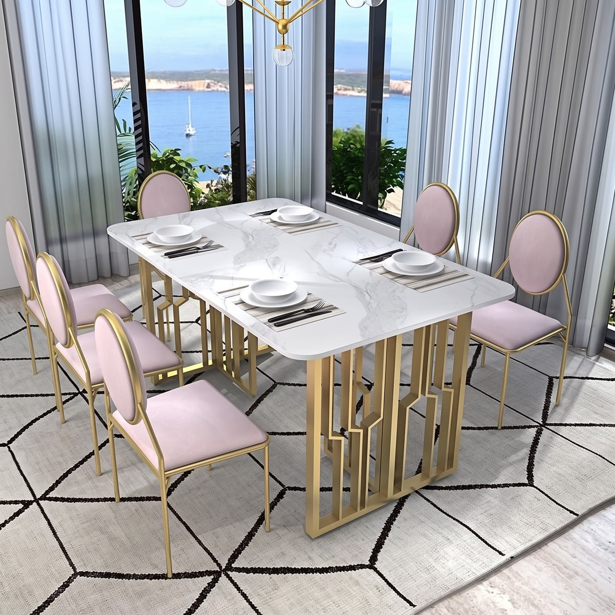 Luxury White Marble Dining Table Set with Gold Geometric Base and Pink Upholstered Chairs