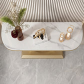 Luxury Gold Console Table with White Marble-Look Top and Sculptural Interlocking X-Shape Base – Modern Designer Entryway Table for Living Room, Hallway, Foyer and Luxury Home Decor