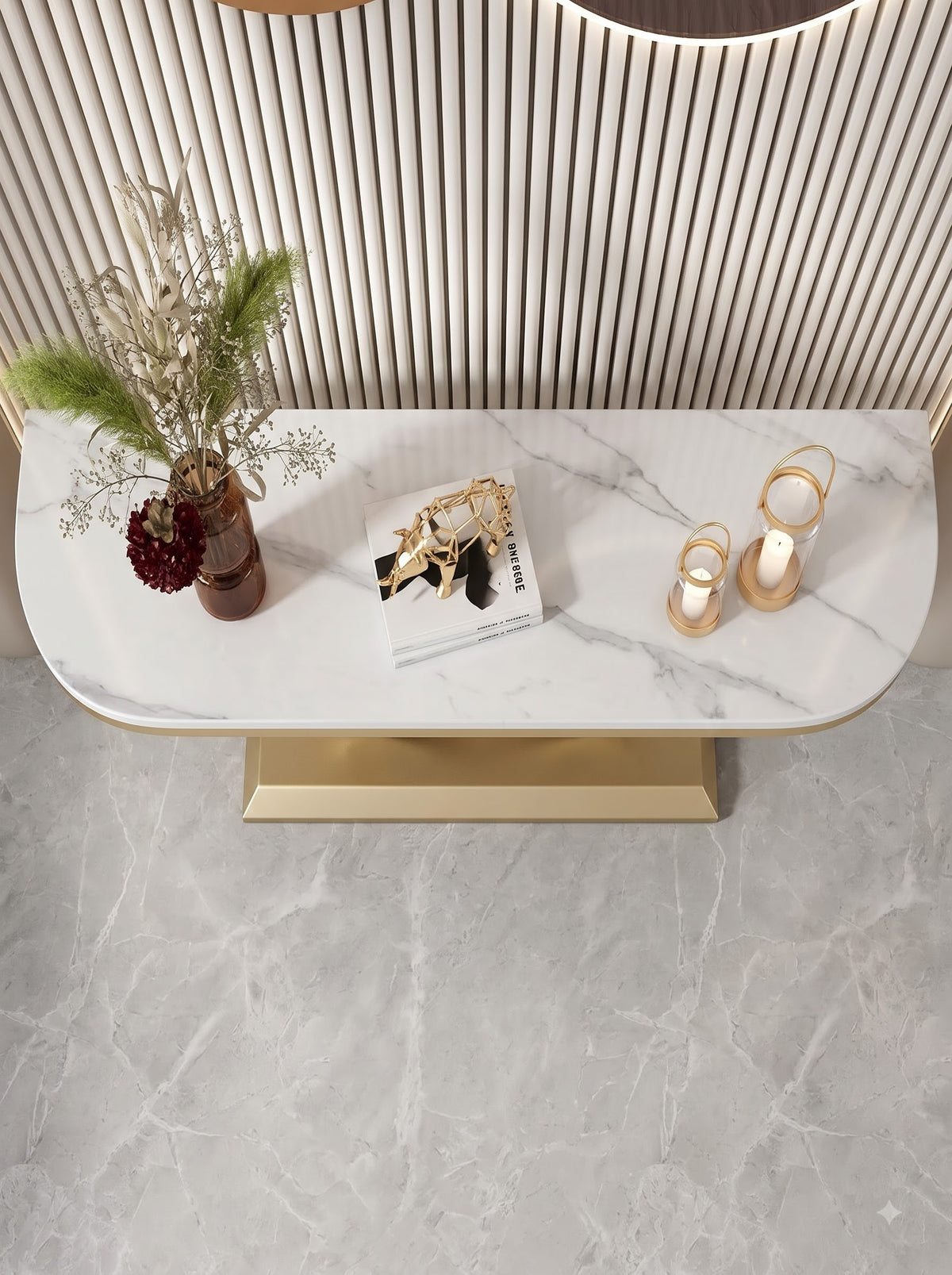 Luxury Gold Console Table with White Marble-Look Top and Sculptural Interlocking X-Shape Base – Modern Designer Entryway Table for Living Room, Hallway, Foyer and Luxury Home Decor