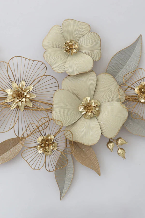 Floral and Leaf Metal Wall Art – Cream & Gold Decorative Design