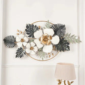 Luxury Floral Metal Wall Art – White & Gold Flowers with Tropical Leaves - gold-finished metal wall art for living room wall - view 2 | Kraft Vision