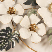 Luxury Floral Metal Wall Art – White & Gold Flowers with Tropical Leaves - gold-finished metal wall art for living room wall - view 3 | Kraft Vision