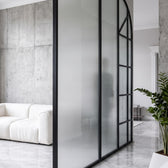 Modern Black Frame Arched Glass Room Divider – Luxury Frosted Glass & Geometric Designer Partition