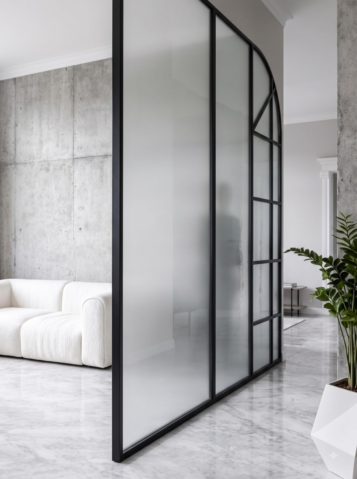 Modern Black Frame Arched Glass Room Divider – Luxury Frosted Glass & Geometric Designer Partition