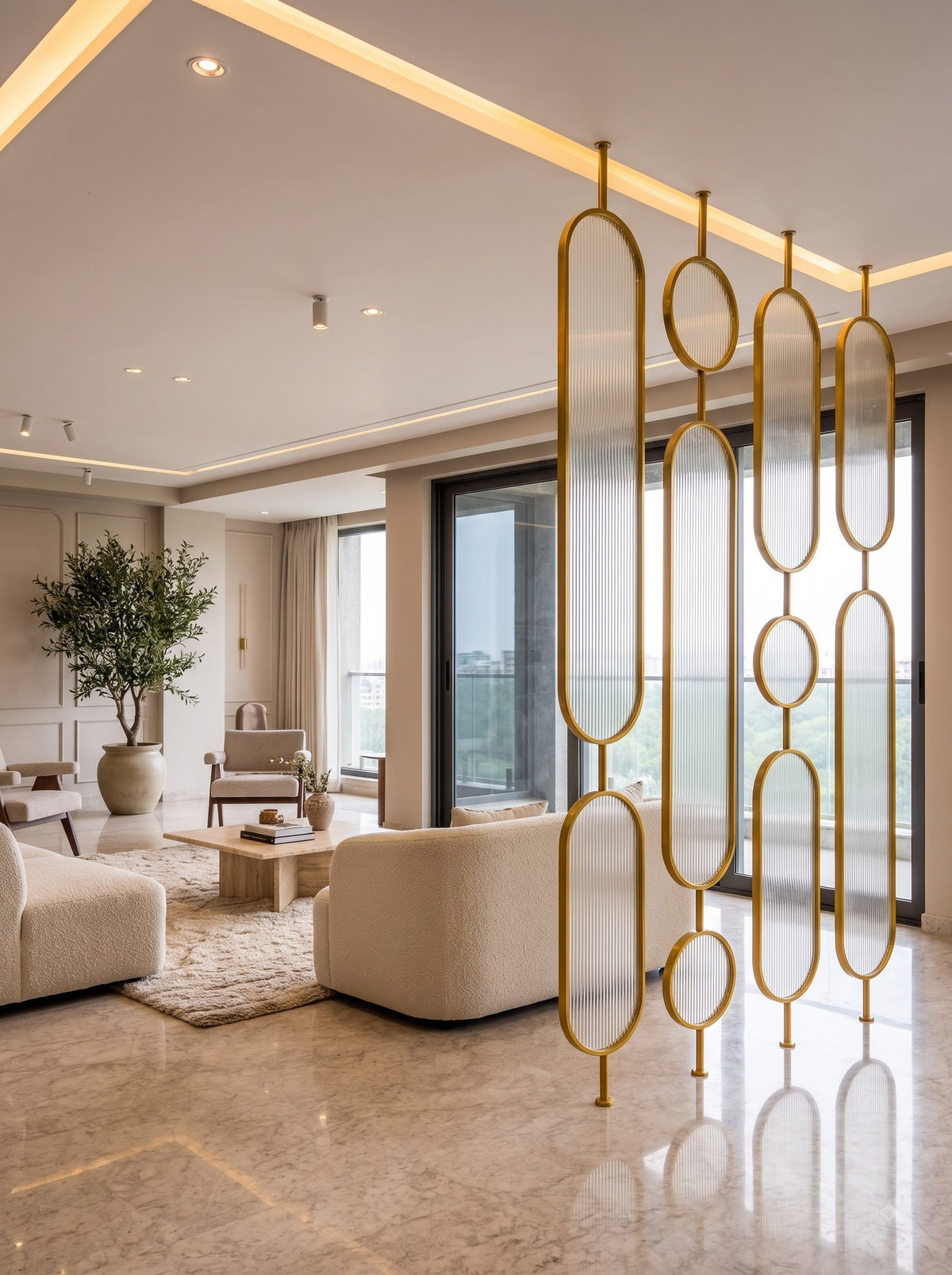 Luxury Golden Geometric Fluted Glass Room Divider – Modern Decorative Partition Screen