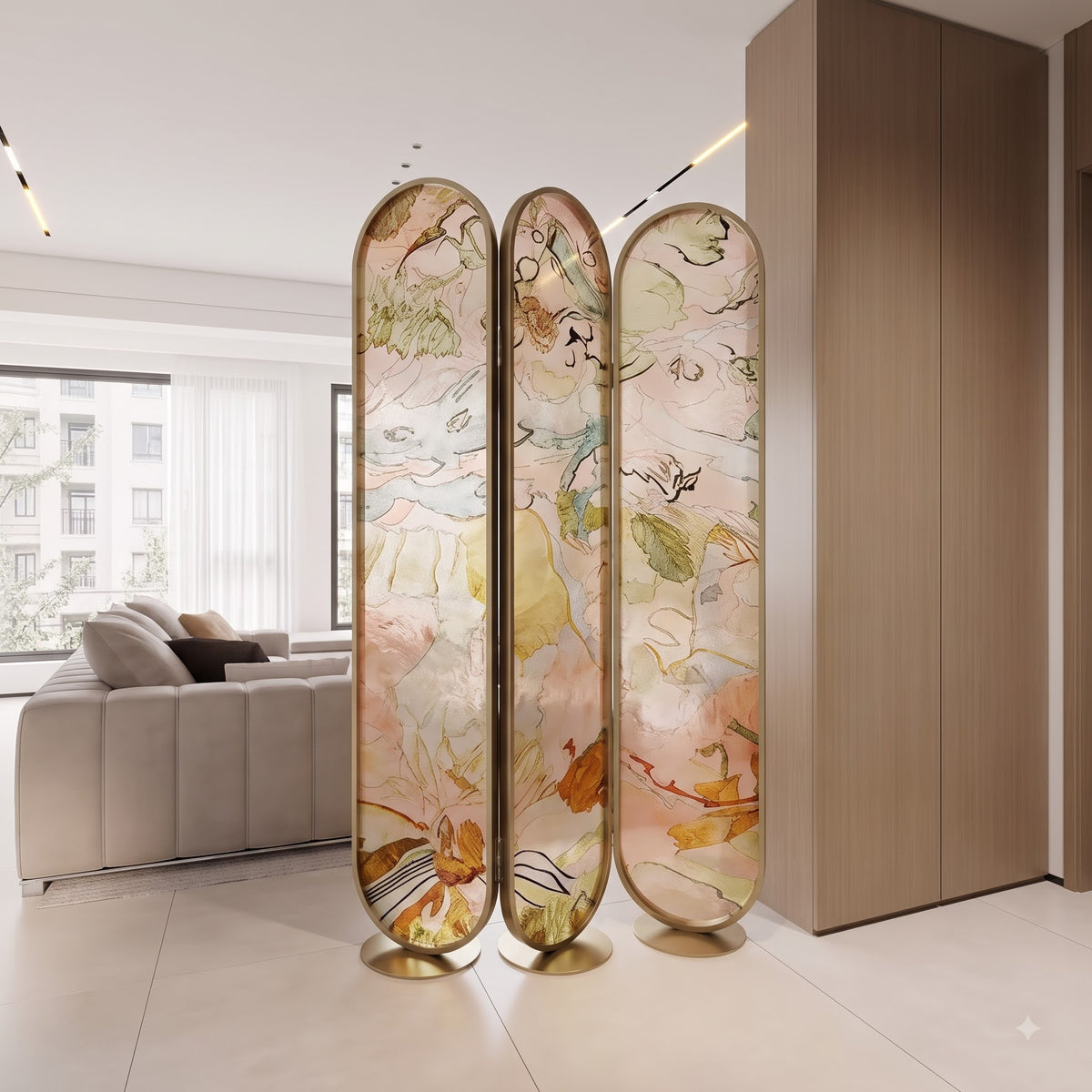Luxury Artistic Floral Glass Room Divider with Golden Frame – Modern Decorative 3 Panel Partition