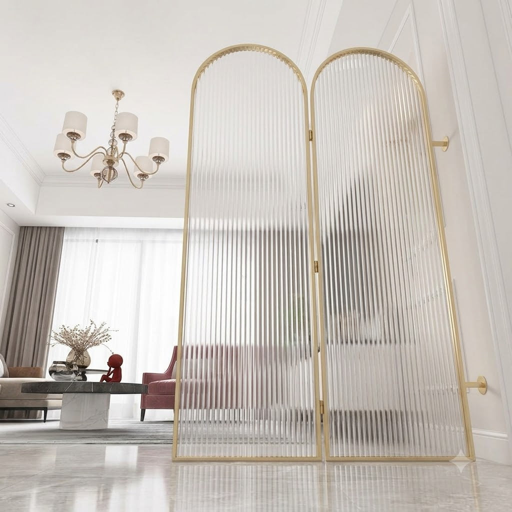 Luxury Golden Arched Fluted Glass Room Divider – Modern Decorative Partition Screen