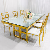 Luxury Gold Metal Dining Table Set with White Chairs | Modern Rectangular Dining Table with Elegant Golden Frame