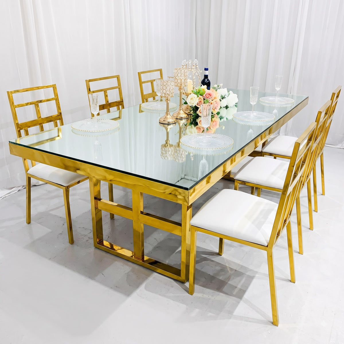 Luxury Gold Metal Dining Table Set with White Chairs | Modern Rectangular Dining Table with Elegant Golden Frame